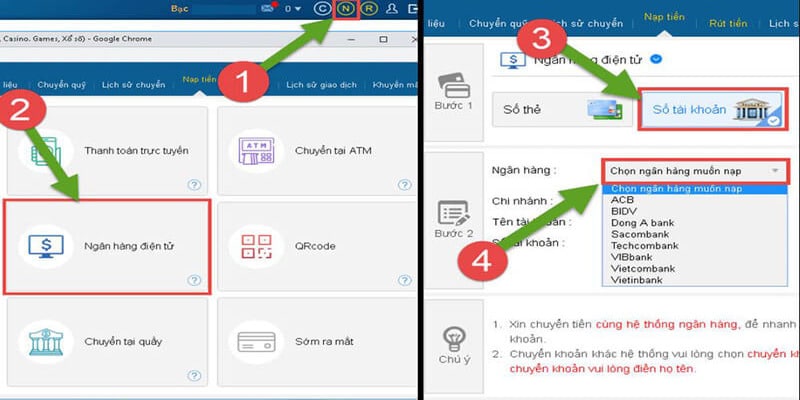 Mô tả các bước nạp tiền Thabet qua ngân hàng điện tử